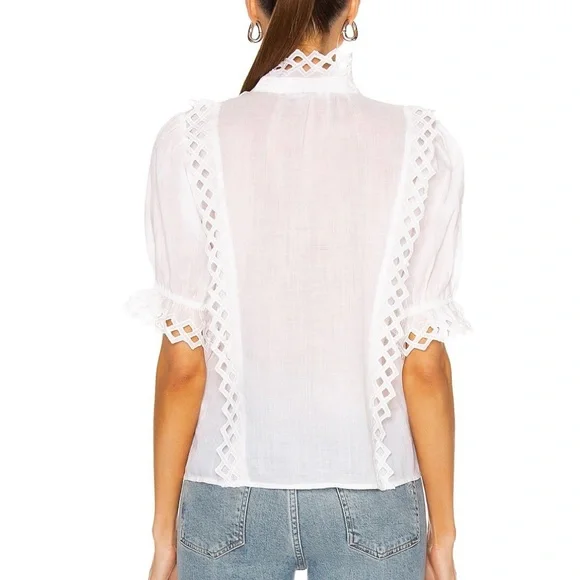 FRAME Elegant Embroidered White Lace Trim Blouse - Picture 2 of 9